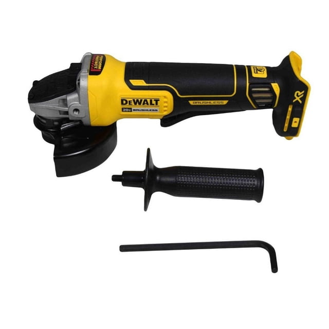 esmeriladora angular 4 1/2in 20v xr brushless dewalt dcg413b Amarillo, vista 3/4 frontal de la herramienta inalámbrica con carcasa amarilla y negra, cabeza metálica con guardapolvo, mango lateral desmontable y llave allen sobre fondo blanco; suele usarse para corte y desbaste.