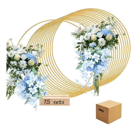 15 pzs Centro De Mesa Con Forma De Aro Floral Metal Boda 30cm Lab.G,  Dorado