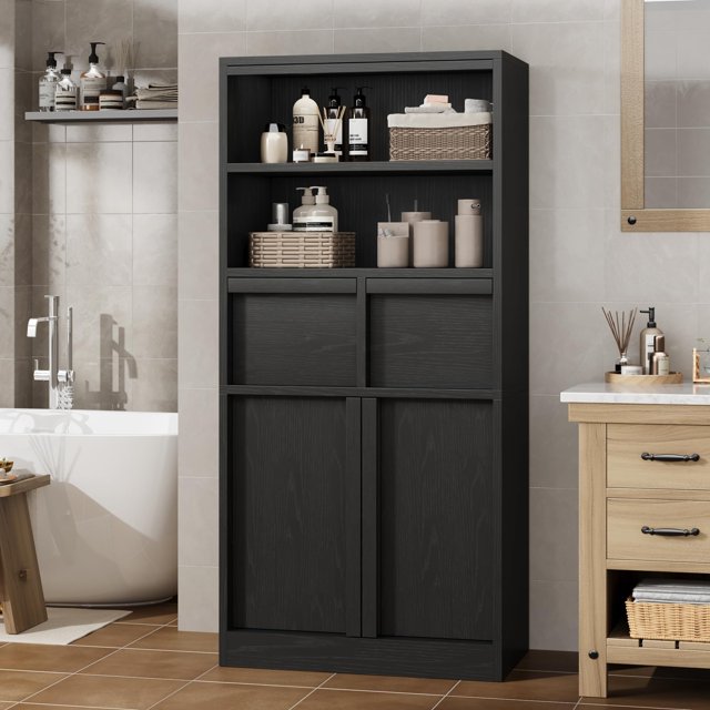 Yeshouse Armario independiente alto de 130 cm con puertas, dos cajones y estantes, ideal para cocina, comedor, baño, despensa y lavandería