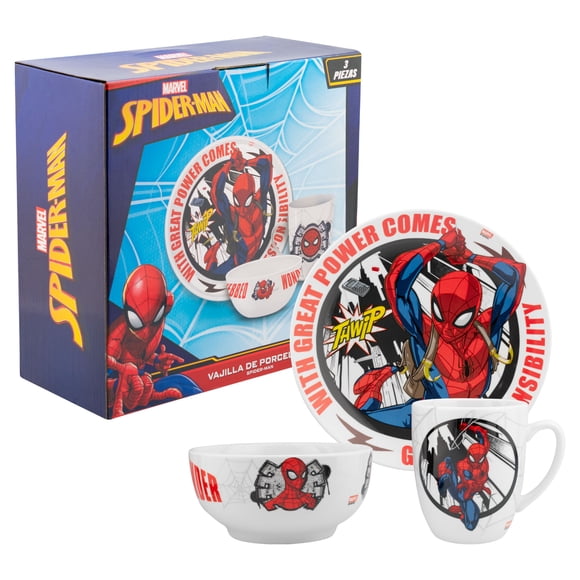 Vajilla Individual de Porcelana, Diseño Comic Spider-Man, Disney Marvel, 3 Piezas con Caja de Regalo