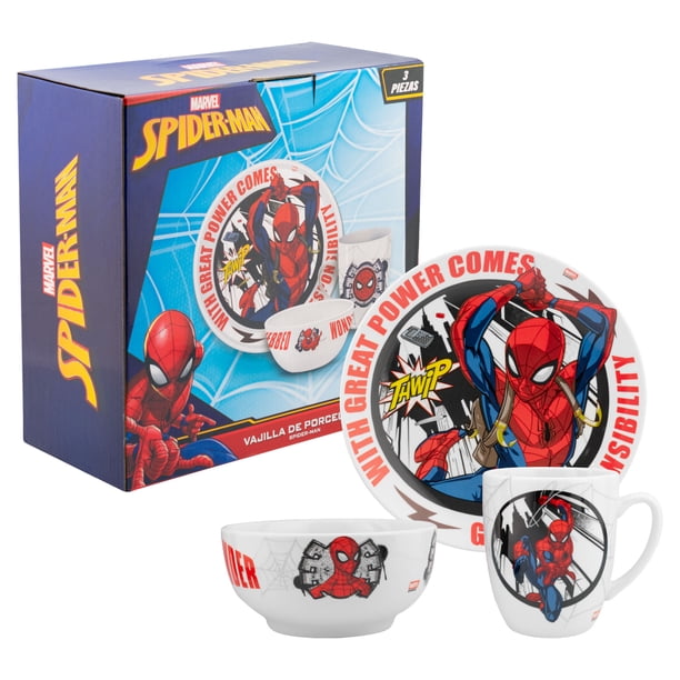 Vajilla Individual de Porcelana, Diseño Comic Spider-Man, Disney Marvel, 3 Piezas con Caja de Regalo