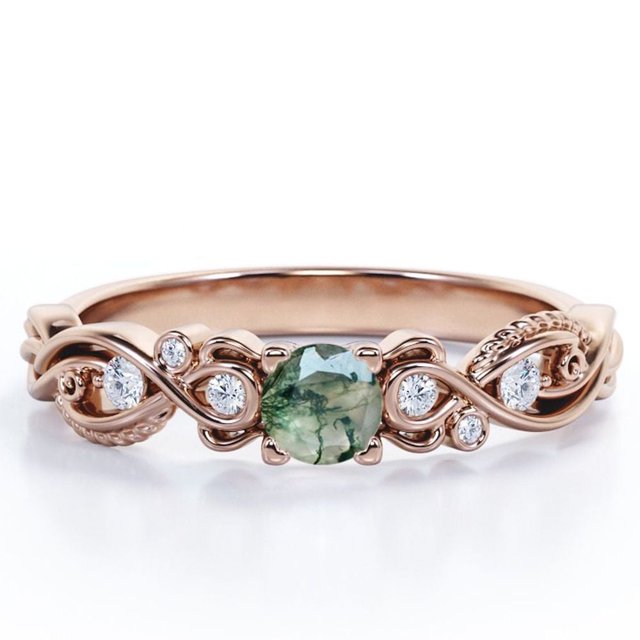 JeenMata Anillo Compromiso Filigrana Victoriano 7 Piedras 1,75 ct Brillante Redonda Ágata Verde Musgo Veteada y Moissanita Baño Oro Rosa 18K sobre Plata