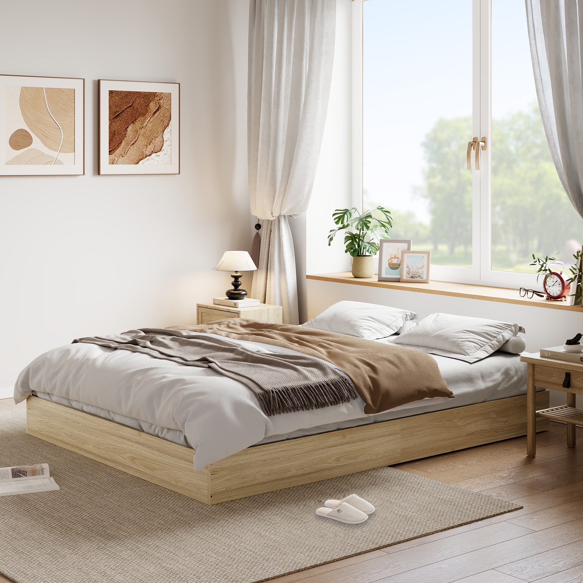 Estructura de cama tipo plataforma de madera, sin cabecero - Lamas de madera resistentes, estable y silenciosa - Sin somier/box spring, montaje fácil - Color: Golden Tan Wood - Tamaño: Queen