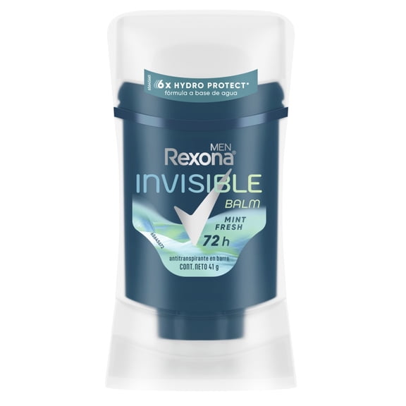 Antitranspirante en Barra Rexona Men Invisible Balm Mint Fresh, 72 h de protección contra el sudor y el mal olor fórmula a base de agua con tecnología 6X Hydro Protect* 41 g