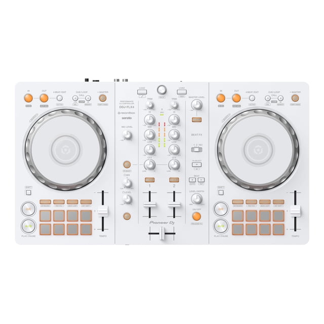controlador de dj pioneer dj ddj-flx4 rekordbox serato white edición limitada, vista frontal centrada de controlador DJ de 2 canales en blanco con dos jog wheels, sección central con faders y ecualizadores, bancos de 8 pads por deck con iluminación naranja, botones de transporte y controles de tempo, medidores LED, salida de audio USB e integración de streaming; controlador compacto a menudo usado para prácticas y sets móviles.