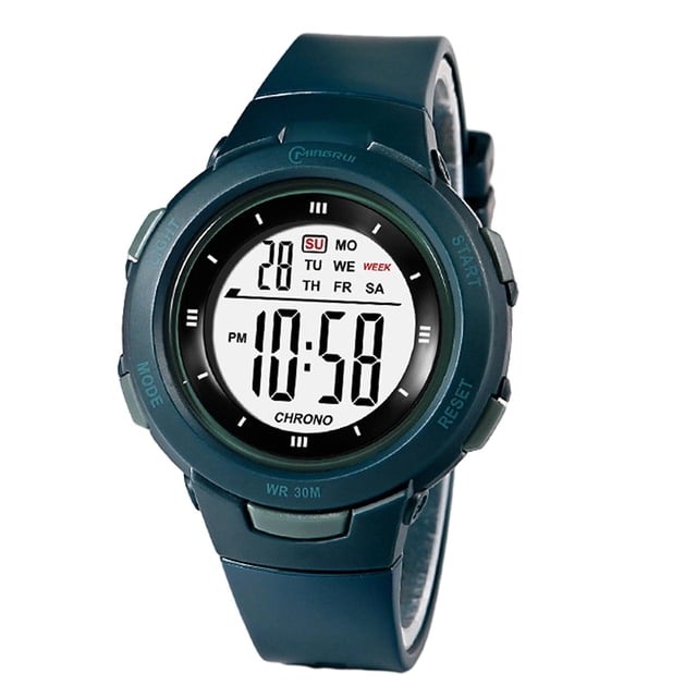 reloj digital deportivo para y niñas, relojes electrónicos a prueba de agua SM SunniMix Verde oscuro — vista frontal centrada de esfera digital redonda con pantalla LCD que muestra 10:58, indicador de día y fecha, botones laterales (mode, start, reset), correa ABS ajustable y hebilla de acero inoxidable; incluye cronómetro; no presionar botones bajo el agua.