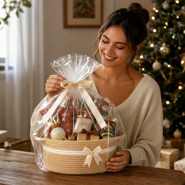 Cesta de regalo de cuerda de algodón con asas, contenedor de almacenamiento tejido con lazo y bolsa de regalo transparente para regalos navideños.