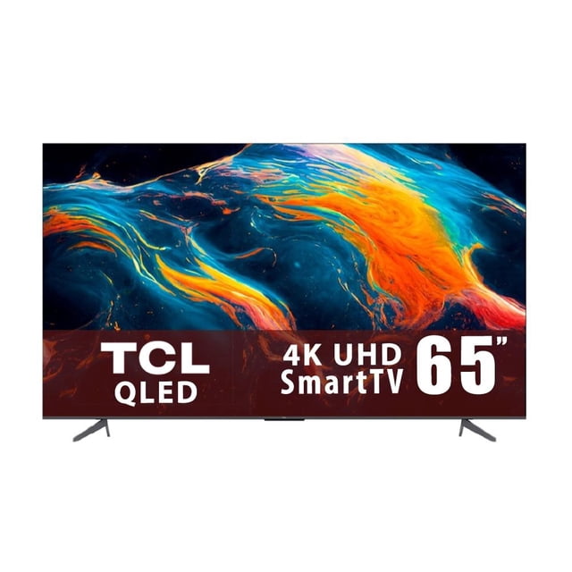 tv tcl 65 pulgadas 4k uhd smart google tv qled 65q650g televisor 65" frontal con panel QLED 4K y imagen multicolor, biseles estrechos y patas de soporte visibles; incluye HDR y Dolby Vision, local dimming, sonido Dolby Atmos y soporte para modo juego y control de voz manos libres.
