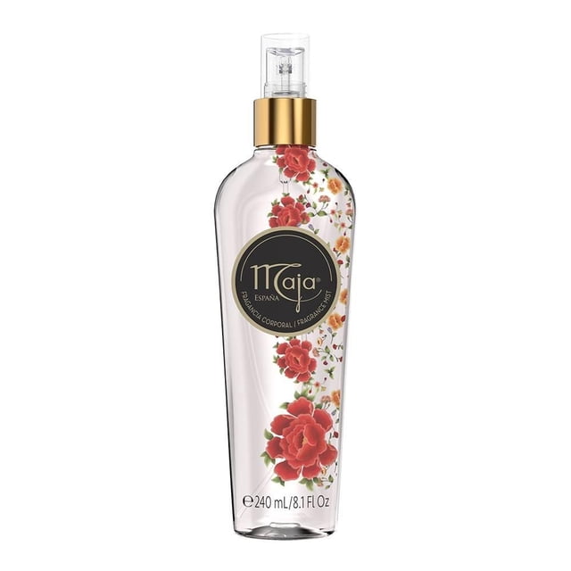 fragancia corporal maja aroma clásico 240 ml botella transparente de 240 ml con atomizador, vista frontal centrada; silueta alargada con etiqueta circular negra y logo Maja dorado, estampado floral rojo a lo largo del cuerpo, cuello con anillo dorado y tapa transparente. Fragancia de larga duración para uso diario y ocasiones especiales, ideal para regalo.