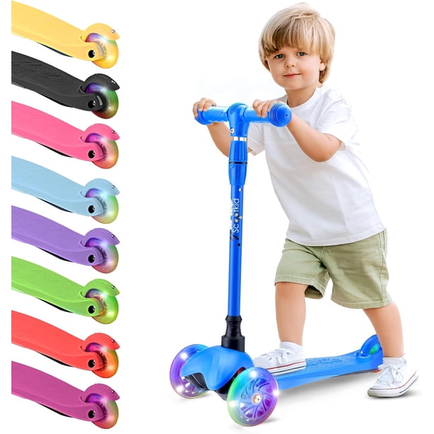 Monopatin Scooter para Niños de 2 a 5 Años Hurtle, 3 Ruedas con Luces LED, Mini Kickboard con Freno, Manillar Ajustable de 63 cm a 71 cm, Antideslizante, Patin del Diablo, Azul