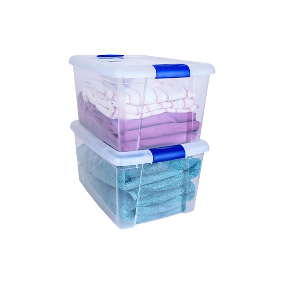 JOY - Caja de Almacenamiento Apilable, Pack de 2, para Organizador Armario, Juguetes, Ropa, con Broche y Tapa Duradera, 24 Litros de Capacidad, Plástico Libre de BPA, Transparente