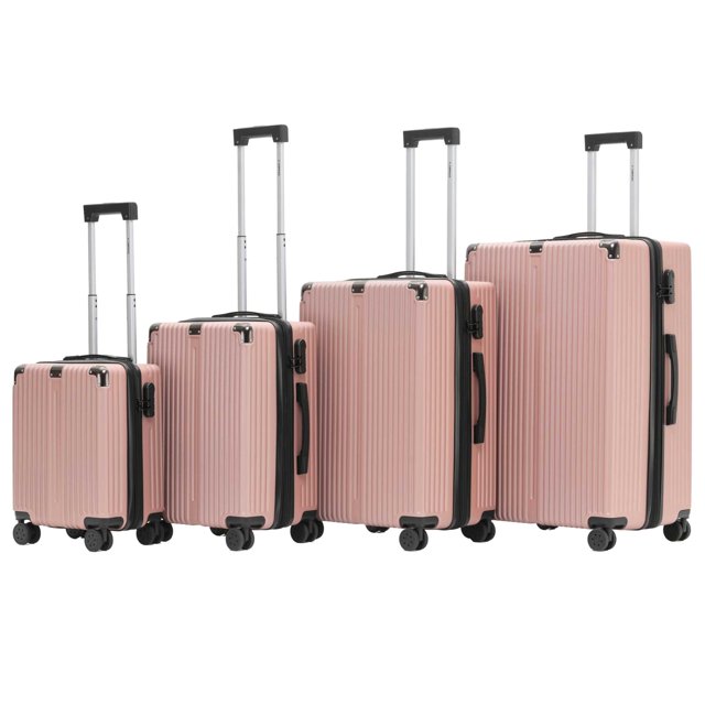set juego de 4 maletas abs miami 26" 20" 24" y 28" oro rosa 4 ruedas 360° reforzadas livianas y duraderas. Vista frontal centrada de las cuatro maletas alineadas por tamaño; carcasa ABS estriada color oro rosa, asas telescópicas ajustables en tres alturas, asa superior y lateral negras, cerradura de combinación visible, 8 ruedas dobles giratorias 360° para desplazamiento multidireccional y diseño ampliable 20% ideal para viajes largos o compras extras.