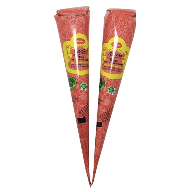 henna natural golecha para tatuajes temporales 2 conos delineador mehndi colores a escoger Rojo. Set de 2 conos delineadores Golecha de ~25 g c/u (15x2 cm), envoltura roja con etiqueta amarilla y motivos florales, hecho en India y Halal Certified; para crear diseños mehndi y detalles temporales en la piel; tamaño compacto a menudo usado también para pruebas de diseño o decorar uñas.