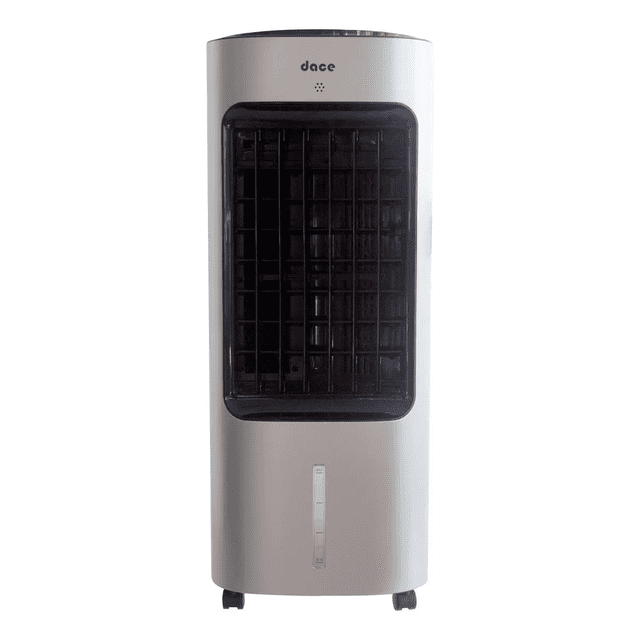enfriador de aire portátil con wifi dace dal1b-1016gsm color gris Enfriador portátil Dace Dal1b-1016gsm en gris, vista frontal centrada con rejilla negra y carcasa gris clara. Panel superior con indicadores LED y control remoto incluido, tanque de agua de 10 litros con indicador frontal, conectividad Wi‑Fi, 70 W de potencia, 3 niveles de intensidad, modos ventilador y enfriador y temporizador hasta 12 h; suele usarse en habitaciones pequeñas o para refrescar áreas de trabajo.