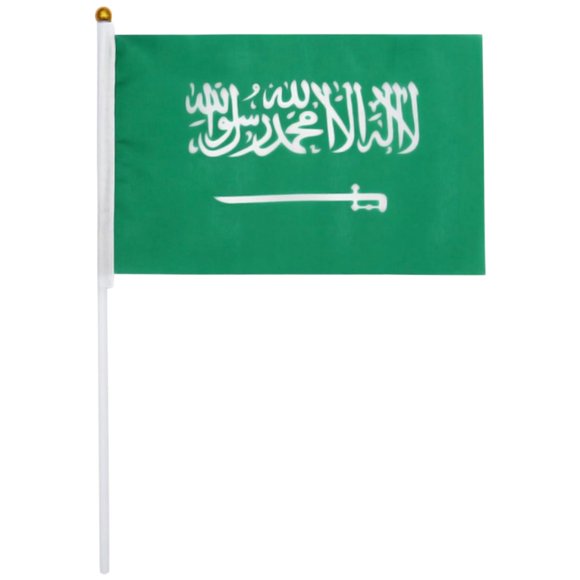 Mini Bandera Arabia Saudita SAminiFlag 75Pzas Arabia Saudita 14x21cm Tela Poliéster Asta Plástico.