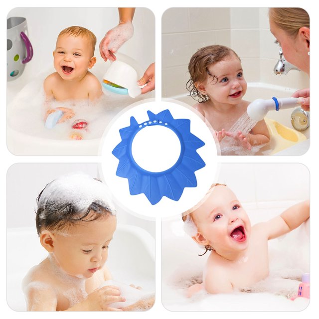 gorro de ducha para bebé | gorro de baño ajustable de alta elasticidad | visera impermeable para el baño de bebés y niños pequeños Azul Tingxian, vista centrada del gorro en forma de pétalos con anillo ajustable de varios orificios y material flexible; montajes muestran bebés en bañera con la visera desviando agua y jabón de la cara; también usado para proteger los ojos durante el lavado.