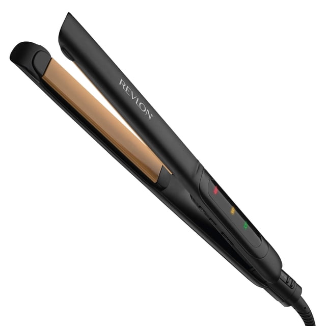 revlon plancha de cabello resultados lisos y brillantes, 1" xl (2.54 cm) Plancha negra Revlon en vista 3/4 con placas doradas extra largas de 1" (2.54 cm), cuerpo negro con logo, pantalla LED con indicadores de temperatura, cable giratorio y botón de cierre; placa flotante para deslizamiento suave, apta para alisar u ondular.