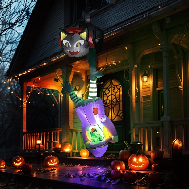 Inflable de Bruja Decorativo con Gato Negro y Luz LED Morado, Decoraciones de Halloween Juguetes Inflables para Exteriores, Decoraciones de Patio con Luz Inserción Fija