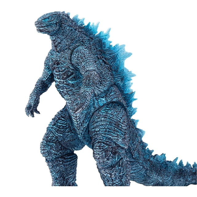 godzilla energizado exclusivo px exquisite figura de accion godzilla x kong the new empire Figura coleccionable de 7 pulgadas, vista 3/4 lateral con postura erguida y cola articulada; piel escamada y placas dorsales con acabado azul fluorescente que brillan bajo luz UV, múltiples articulaciones en cuello, brazos y cola, incluye par de manos repuesto, adecuada para exhibición en estanterías de colección; fondo blanco.
