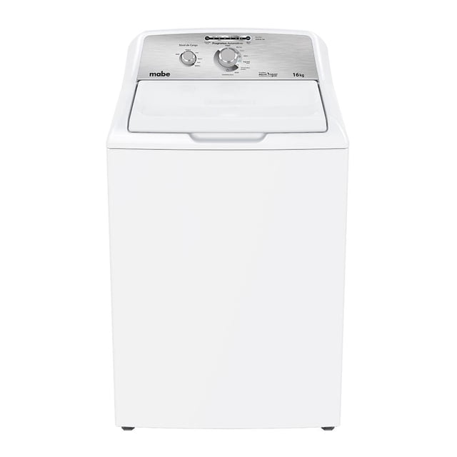 lavadora mabe automática 16 kg lma76112cbab0 blanca, carga superior con panel plata y perillas, 7 ciclos automáticos y capacidad 16 kg; tapa metálica, dispensador de blanqueador en cubierta y suavizante en agitador, vista frontal centrada sobre fondo blanco; adecuada también para lavar cojines y ropa voluminosa.