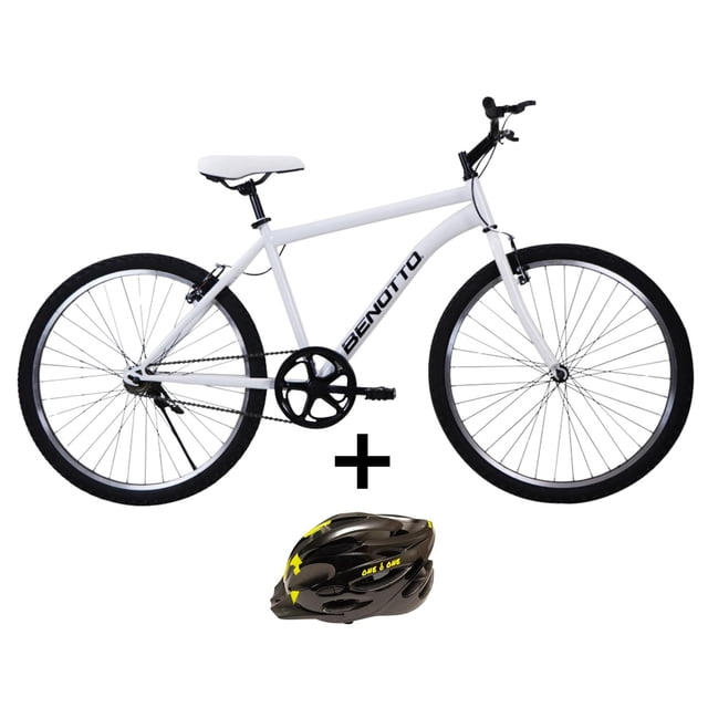 combo bicicleta benotto pmo r26 hombre 1v. con casco talla l Blanco - Bicicleta Benotto de cuadro rígido blanco en vista lateral, aro 26 y transmisión 1 velocidad con plato negro; sillín y puños negros y logo BENOTTO en el tubo diagonal. Casco talla L negro con detalles amarillos debajo; adecuada también para uso urbano recreativo.