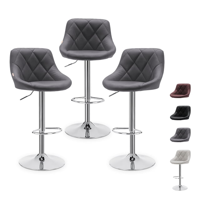 Set De 3 Bancos Altos Barra Cocina Bar Cuero Respaldo Giratorio 360° Acabado estructura Cromado Color Gris Blick