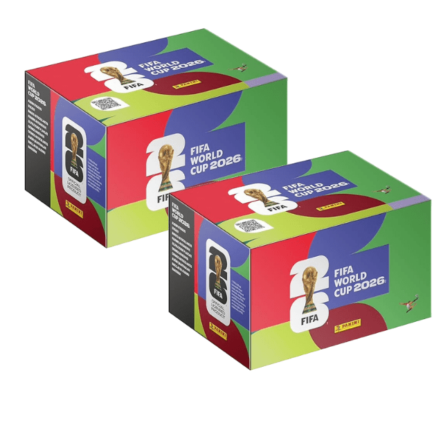 kit 2 cajas de sobres panini (100 pz)( mundial fifa 2026) Dos cajas selladas con diseño oficial FIFA World Cup 2026 en colores surtidos rojo, verde y azul, imagen del trofeo y logo Panini; cada caja contiene 100 sobres con estampas aleatorias para avanzar en el llenado del álbum, apto para coleccionistas.