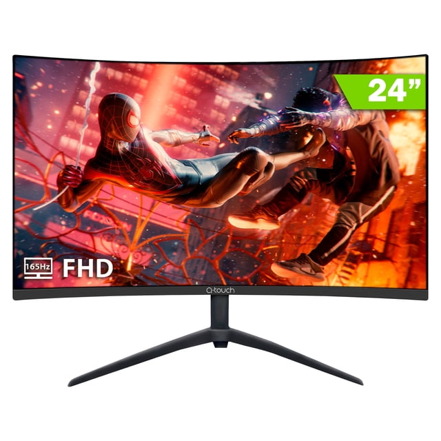 monitor gamer q.touch qt-g24c 24" curvo full hd 1920 x 1080 165 hz display port hdmi — Frontal centrada de monitor gamer Q.Touch negro de 24" con pantalla curva y base tipo trípode; bisel inferior con logotipo Q.Touch, pantalla muestra escena de videojuego y leyendas '165Hz' y 'FHD'; entradas HDMI y DisplayPort según especificaciones; también suele usarse para estaciones de streaming o edición de video por su tamaño compacto.