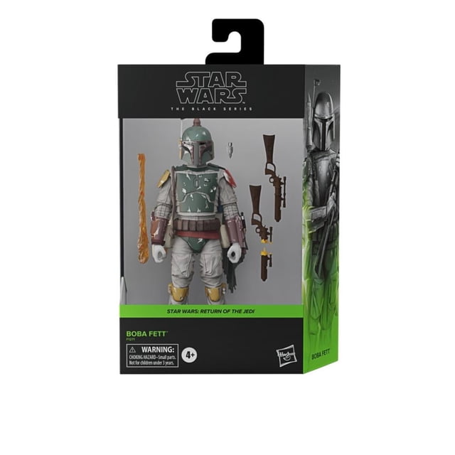 figura boba fett star wars hasbro 6 pulgadas Figura coleccionable de 15 cm de Boba Fett de The Black Series en empaque frontal; vista centrada con armadura verde y casco, accesorios visibles (látigo y dos blásters) dispuestos a los lados y base dentro del blister, caja negra con banda verde que referencia Return of the Jedi.