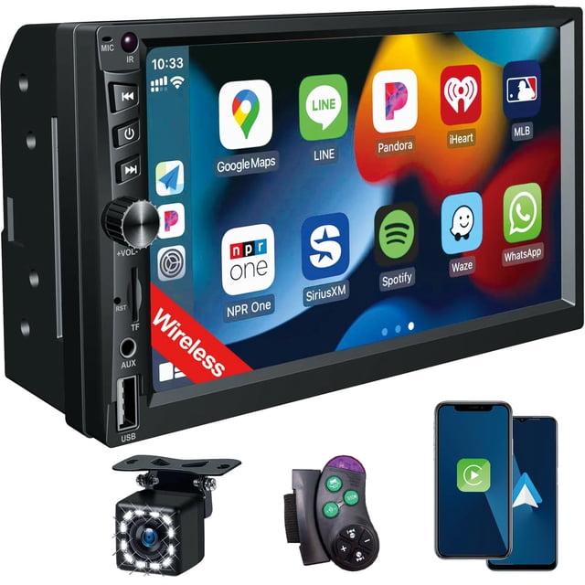 sistema estéreo inalámbrico para coche durxenmnt con apple carplay/android auto unidad doble DIN de 7 pulgadas 1024x600 con pantalla táctil, iconos de apps (Google Maps, Spotify, WhatsApp), botones laterales, perilla de volumen, puerto USB y entrada AUX; incluye cámara trasera HD con 12 LEDs, mando remoto y control de volante. Vista frontal centrada sobre fondo blanco. También suele usarse para reproducir audio de smartphone durante viajes.