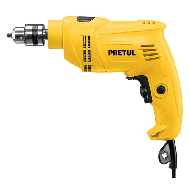 rotomartillo 3/8”, 550 w, pretul pretul roto-3/8p6 Amarillo Pretul rotomartillo 3/8" vista lateral derecha; carcasa plástica amarilla, broquero metálico 3/8" (9.5 mm), gatillo con velocidad variable reversible y botón de uso continuo. Motor 550 W, 0–3,000 rpm, 0–48,000 golpes/min, peso 1.5 kg y cable de alimentación en la base. Suele usarse también para perforaciones en concreto, madera y acero.