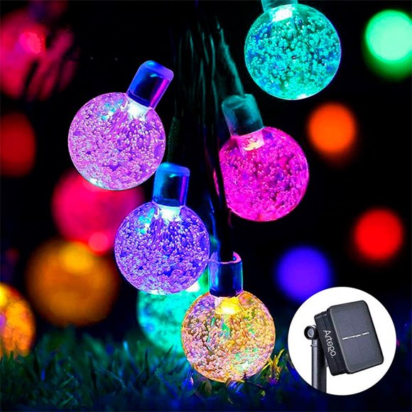 Luces de navidad solares 100 led esferas bola cristal copo de nieve snowflake style Artego 8 modos de uso para exteriores Guirnalda de luces Multicolor