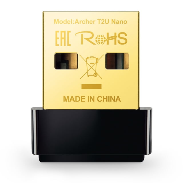 nano adaptador inalámbrico usb tp-link archer t2u ac600 tp-link wifi archer t2u nano Negro, vista frontal centrada del conector USB dorado con grabado "Model: Archer T2U Nano" y "MADE IN CHINA", carcasa nano negra rectangular de bajo perfil; doble banda 2.4 GHz/5 GHz y velocidades AC600 según ficha técnica, a menudo usado para añadir conectividad Wi‑Fi a laptops para streaming HD y navegación.