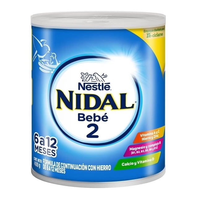fórmula de continuación nidal nidal bebé 2 de 6 a 12 meses 400 g lata frontal azul con logo NIDAL Bebé 2, texto "6 a 12 meses", barras de color que indican vitamina A y C, hierro, zinc, magnesio, complejo B, calcio y vitamina D, y tapa blanca. Uso bajo orientación de un profesional de la salud.