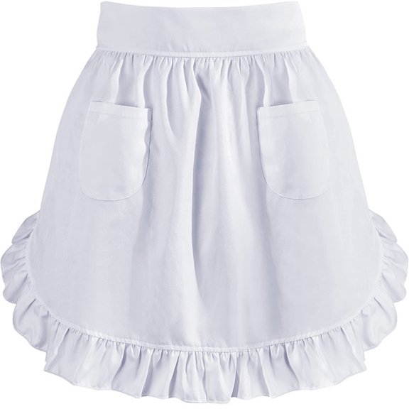 CaiYueKe White Vintage Maids Apron with Ruffle Hem, Half Waist Tie Skirt Two Pockets, Cute Servant Waitress Costume for Halloween Cosplay Role Play, Kitchen Baking Uniform
