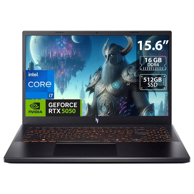 laptop gamer acer nitro v: intel core i7 13620h, ram 16gb ddr4, ssd 512gb, pantalla 15.6" rtx 5050, windows 11 home — Vista frontal centrada de la Acer Nitro V gris con pantalla 15.6" que muestra arte de videojuego; teclado con retroiluminación naranja, biseles delgados y etiquetas en pantalla "Intel Core i7", "GeForce RTX 5050 8GB", "16 GB DDR4" y "512GB SSD"; diseño pensado para gaming portátil y uso multimedia ocasional.