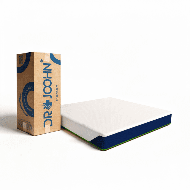 colchón en caja matrimonial zen confort dr joohn 20cm, memory foam semi firme para todas las edades colchón matrimonial blanco 190x135x20cm, vista 3/4 frontal que muestra grosor y esquinas redondeadas; funda blanca texturizada y laterales azul marino con borde verde, caja compactada de cartón con logo DR JOOHN a la izquierda. Apto para niños, jóvenes y adultos; a menudo usado en habitaciones de invitados por su empaque compacto.