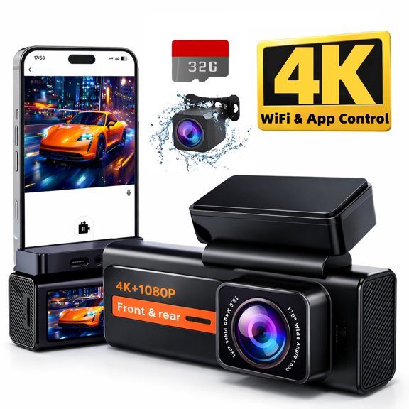 Cámara Delantera y Trasera 4K+1080P Dash Cam, Cámara de Auto con Control App, Wifi Integrado para Transferencia de Archivos, Cámara Dual con Visión Nocturna, Monitor de Estacionamiento de 24H, Sensor