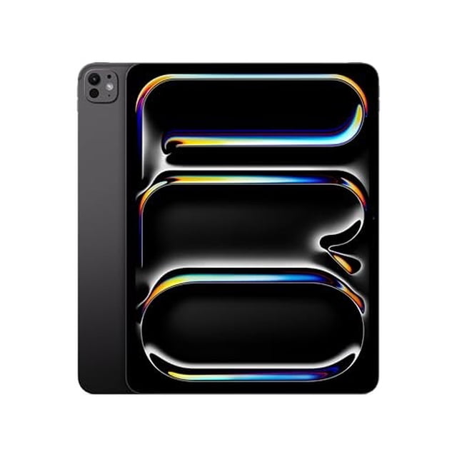 apple ipad pro (m5) de 13 pulgadas con wi‑fi y cristal estándar de 256 gb - negro espacial, vista frontal de pantalla OLED Ultra Retina XDR de 13" con fondo abstracto brillante y cuerpo ultrafino en negro espacial visto en 3/4 que muestra la cámara trasera y la frontal; especificado con chip M5 (CPU 9 núcleos, GPU 10 núcleos), motor neuronal de 16 núcleos, 12 GB de RAM y 256 GB de almacenamiento; a menudo usado como tableta de dibujo o estación de trabajo portátil.