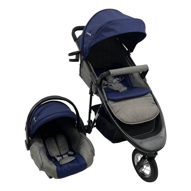 carriola prinsel fox light llantas aire portabebe azul prinsel carriola y portabebé azul y gris en 3/4 frontal con toldo extendido; chasis negro y manija, asiento acolchado reclinable a 3 posiciones con arnés de 5 puntos y barra frontal forrada; ruedas neumáticas visibles, charola superior para biberones y charola frontal para vaso entrenador; portabebé a juego con arnés integrado. Ideal para paseos diarios, soporte hasta 18 kg.