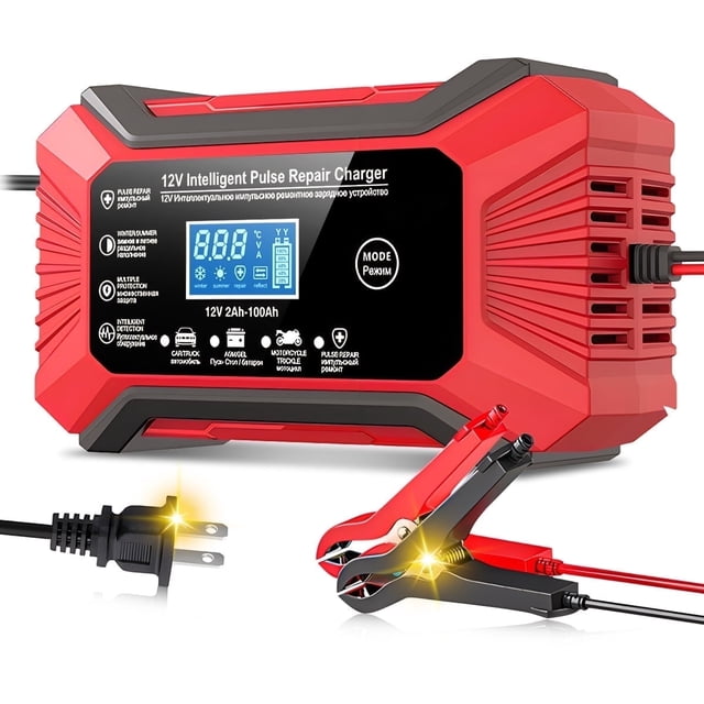 Cargador y Mantenedor de Batería Inteligente de 12V 6A con Pantalla LCD, Reparación de Pulsos para Baterías de Plomo-ácido, Compensación de Temperatura, para Autos, Camiones, Motocicletas,