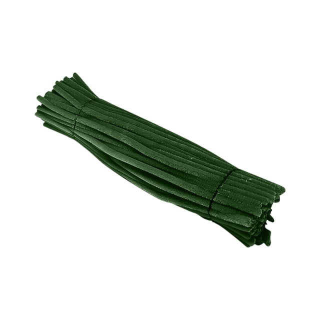 juego de 100 limpiapipas de colores caramelo para manualidades y decoraciones — manojo frontal de limpiapipas color verde oscuro (F #6) con textura peluda y extremos de alambre expuestos, vista 3/4 sobre fondo blanco, indicado para manualidades didácticas y modelado DIY.