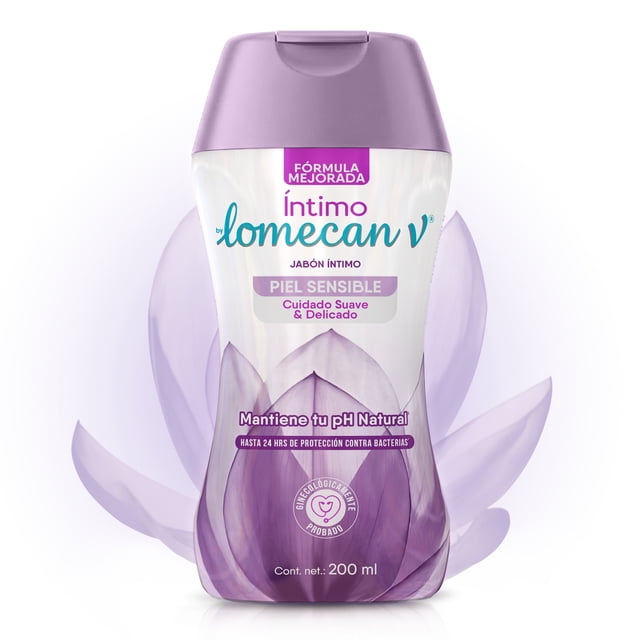 shampoo íntimo lomecan v piel sensible 200 ml frasco frontal con tapa morado; etiqueta 'piel sensible', formulado para higiene íntima femenina, adicionado con ácido láctico y aroma a lavanda, contenido 200 ml. También suele usarse como opción compacta para llevar en viajes.