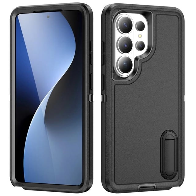 funda para teléfono samsung galaxy s26 ultra 5g de 6,9" con soporte incorporado, funda protectora resistente a prueba de golpes/polvo/caídas de grado militar para samsung galaxy s26 ultra 5g, negro — Vista frontal y trasera; carcasa negra triple capa compatible solo con S26 Ultra 5G (6,9"), bordes elevados que protegen pantalla y cámara, textura mate antideslizante, recortes para botones y puertos con cubiertas a prueba de polvo y soporte oculto abatible en la esquina trasera para ángulos verticales u horizontales.