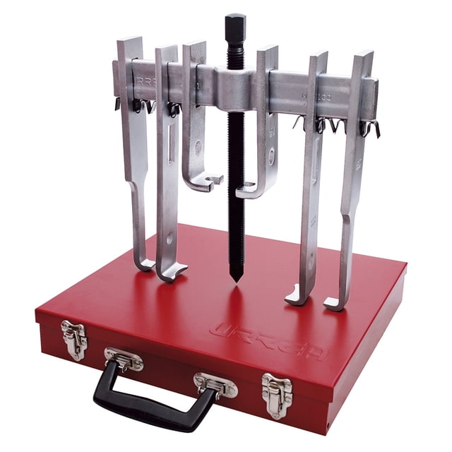 juego extractor quijada recta 10 toneladas urrea 12pz caja metálica 4234b juego extractor de 12 piezas con tornillo forzador central de acero tratado y cruceta forjada, cuatro quijadas rectas plateadas ajustables con grapas troqueladas sobre caja metálica roja; vista frontal centrada, para extracción automotriz y también suele usarse para desmontar poleas y engranes en talleres.