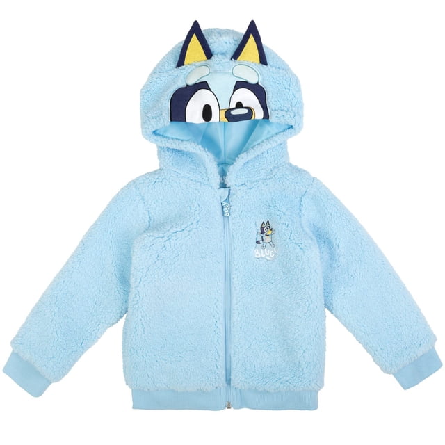 sudadera con capucha Bluey Cozy Sherpa con cremallera para cosplay para niños pequeños 3T, azul — vista frontal centrada de sudadera sherpa azul claro con cierre frontal de cremallera, capucha forrada con cara impresa de Bluey y orejas dimensionales, puños y cintura acanalados y pequeño bordado del personaje en el pecho; fondo blanco.