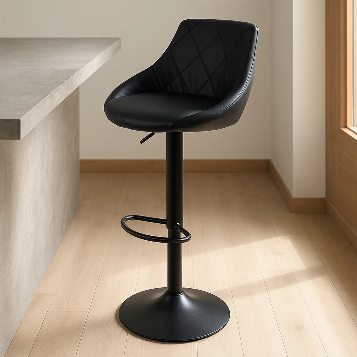 Silla de Bar para Barra de Cocina con Respaldo y Reposapies de Altura Ajustable Banco Giratorio para Bar con Asiento Acolchado Diseño Elegante Full Black