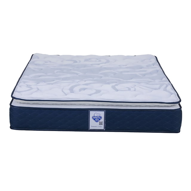 colchón matrimonial spring air collection semi firme con Pillow top, vista frontal centrada de acolchado blanco sobre faldón azul con etiqueta Spring Air; se aprecia el perfil con capas superiores y el diseño never turn, según especificaciones; a menudo usado para mejorar soporte en habitaciones principales.