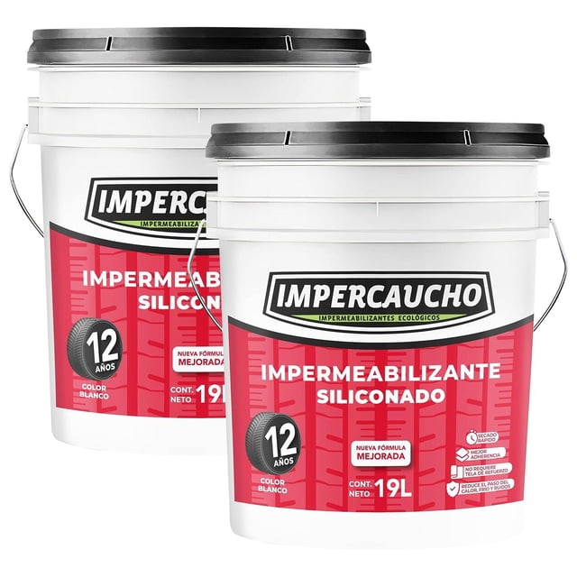 impercaucho kit de 2 impermeabilizantes de 19 lts. blanco: Dos cubetas en vista 3/4, envases plásticos blancos con tapas grises y asas metálicas, etiquetas rojas con logo IMPERCAUCHO, leyenda "Impermeabilizante Siliconado", sello "12 años" y marca de contenido "19L"; indicado para aplicación en techos con cepillo de ixtle y adecuado para reparar grietas y prevenir filtraciones.