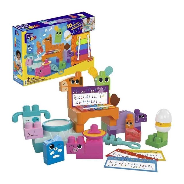juguete de construcción mega bloks sensory features granja musical multicolor, conjunto frontal con caballo-xilófono y partitura, vaca-tambor, polluelo-sonaja, cerdito-platillo, oveja-güiro, gato-clicker, conejo-sonaja y huevo-castañuela; incluye 6 partituras y bloques grandes con texturas sensoriales para manos pequeñas; también suele usarse para juego sensorial y aprendizaje musical temprano.